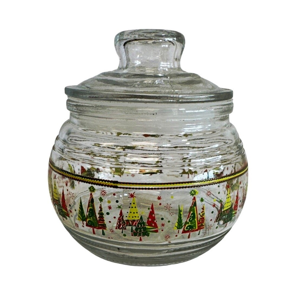 Greenbrier Christmas Tree Glass Candy Jar With Lid 4" Holiday Storage
